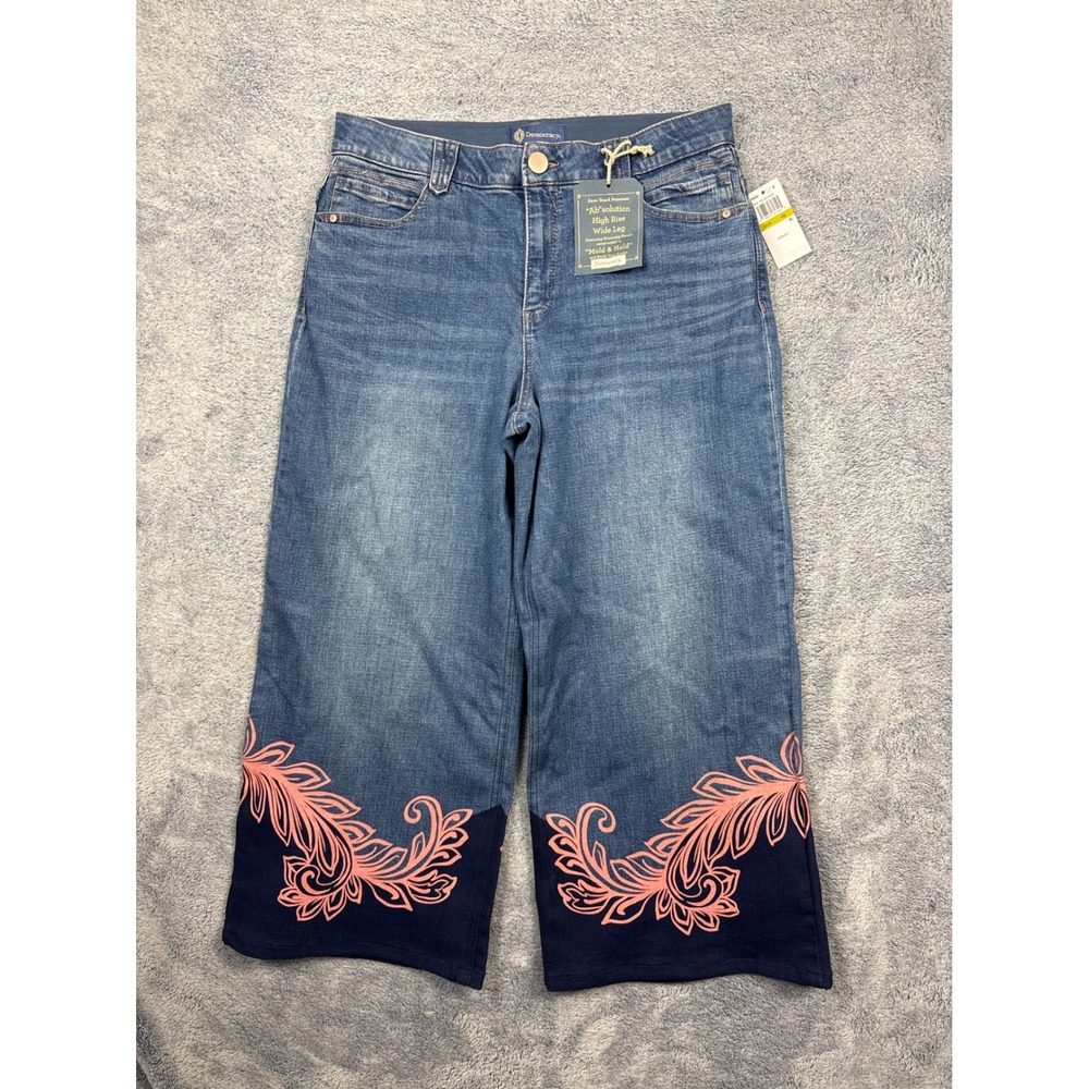 Democracy Womens 14 Blue Ab solution High Rise Wide Leg Embroidered Jeans NWT